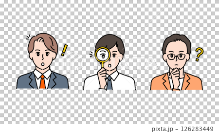 調べる・ひらめく・驚くリアクションをする表情豊かな男性3人のイラストセットB2 126283449