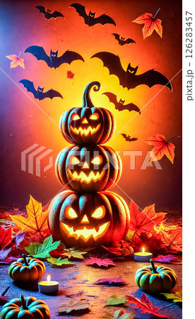 A striking vertical arrangement of carved pumpkins stacked high, each glowing menacingly against a warm orange backdrop. Silhouettes of bats and autumn leaves add to the spooky Halloween atmosphere 126283457