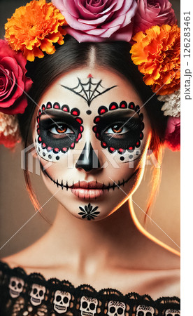 A medium-shot portrait captures a woman in vibrant Dia de los Muertos makeup, blending black, white, and red details. Her marigold and white rose flower crown adds elegance, as she stands against a A medium-shot portrait captures a woman in vibrant Dia de los Muertos makeup, blending black, white, and red details. Her marigold and white rose flower crown adds elegance, as she stands against a 126283461