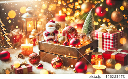 A close-up shot of red and gold Christmas ornaments in a wooden box, featuring a small Santa and a mini Christmas tree. Soft golden particles float around, while the warm glow of Christmas lights 126283478