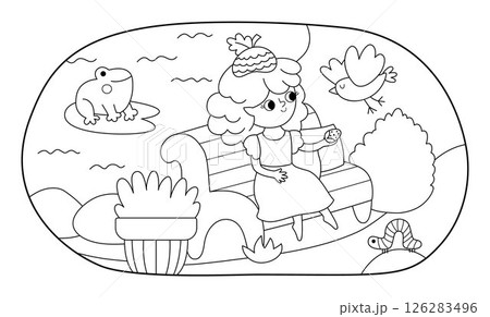 Vector black and white scene with acorn fairy sitting on a bench in park or garden, feeding bird. Line composition with girl. Scenery with magic princess. Fantasy scene illustration, coloring page 126283496
