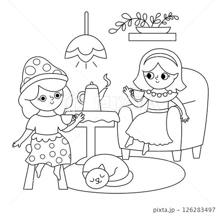 Vector black and white scene with fairies drinking tea. Line composition with girls. Scenery with magic princess chatting in cozy house. Fantasy scene illustration, coloring page Vector black and white scene with fairies drinking tea. Line composition with girls. Scenery with magic princess chatting in cozy house. Fantasy scene illustration, coloring page 126283497