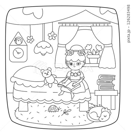 Vector black and white scene with fairy reading book on a bed in bedroom. Line composition with girl. Cute scenery with magic princess in cozy tree house. Fantasy scene illustration, coloring page 126283498