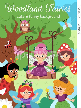 Vector vertical scene with woodland fairies. Fairyland landscape illustration. Cute background or book cover for kids with adorable magic forest creatures. Funny fairytale scene 126283500