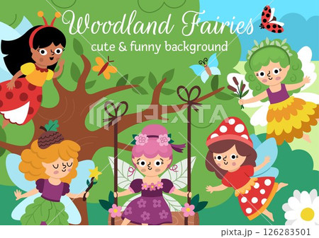 Vector horizontal scene with woodland fairies. Fairyland landscape illustration. Cute background or book cover for kids with adorable magic forest creatures. Funny fairytale scene 126283501