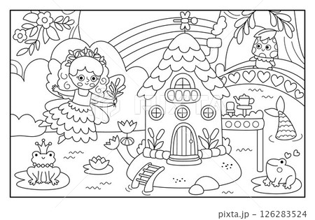Vector black and white fairyland background with swamp fairy, mermaid house, reeds. Magic land line landscape. Woodland scenery with princess. Fantasy forest scene illustration, coloring page 126283524