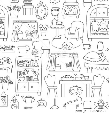 Vector black and white acorn fairy house seamless pattern. Repeat background with woodland princess home decor items. Fantasy forest cottage coloring page. Magic fairytale treehouse digital paper 126283529