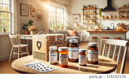 The image captures prescription medication bottles labeled with a patient's name, delivered by an online pharmacy. The background features a warm, homey kitchen with soft lighting and an open Amazon 126283530