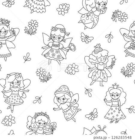 Vector black and white fairy seamless pattern. Line repeat background with girls with wings. Woodland princess digital paper. Fantasy forest, magic coloring page with acorn, mushroom, unicorn 126283548