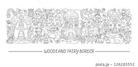 Vector black and white woodland fairy horizontal set with houses, trees, elf, unicorn, dragon, fairytale creature. Magic garden card template, frame design for banner, invitation, coloring page 126283552