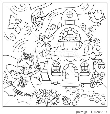 Vector black and white square fairyland background with berry fairy, strawberry house. Magic land line landscape. Woodland scenery with princess. Fantasy forest scene illustration, coloring page 126283583