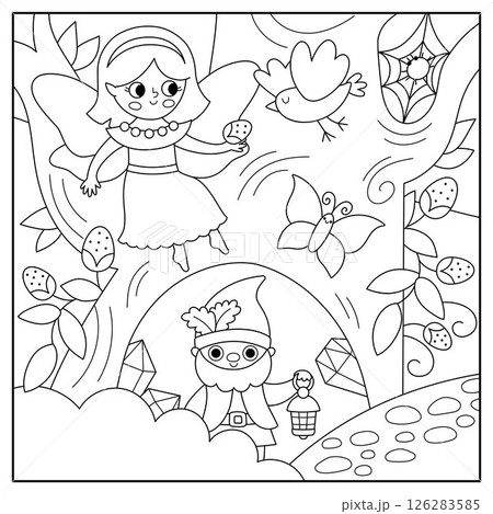 Vector black and white square fairyland background with berry fairy, dwarf. Magic land line landscape. Woodland scenery with princess. Fantasy forest scene illustration, coloring page Vector black and white square fairyland background with berry fairy, dwarf. Magic land line landscape. Woodland scenery with princess. Fantasy forest scene illustration, coloring page 126283585