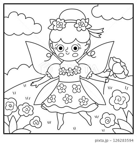Vector black and white square background with flower fairy. Fairyland line landscape illustration. Cute scenery with magic princess with meadow, sky. Fantasy nature scene illustration, coloring page Vector black and white square background with flower fairy. Fairyland line landscape illustration. Cute scenery with magic princess with meadow, sky. Fantasy nature scene illustration, coloring page 126283594