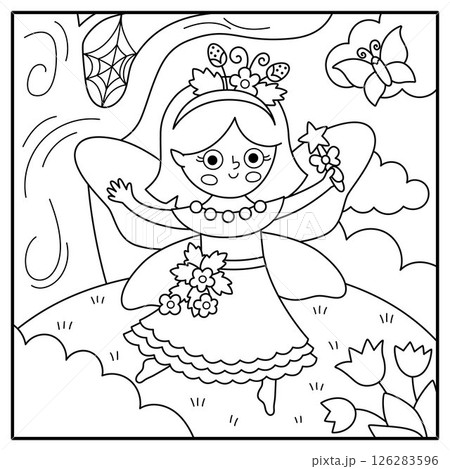 Vector black and white square background with berry fairy. Fairyland landscape line illustration. Scenery with magic princess, meadow, sky. Fantasy nature scene illustration, coloring page Vector black and white square background with berry fairy. Fairyland landscape line illustration. Scenery with magic princess, meadow, sky. Fantasy nature scene illustration, coloring page 126283596