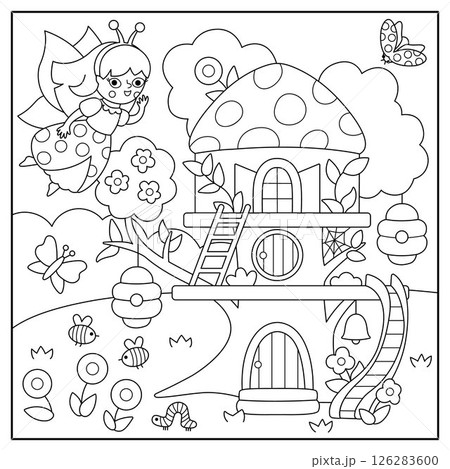 Vector black and white square fairyland background with bug fairy, ladybird treehouse, bees. Magic land line landscape. Woodland scenery with princess. Fantasy forest scene illustration, coloring Vector black and white square fairyland background with bug fairy, ladybird treehouse, bees. Magic land line landscape. Woodland scenery with princess. Fantasy forest scene illustration, coloring 126283600