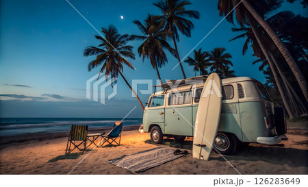 Vintage van parked on tropical beach at sunset...のイラスト素材 [126283649 ...