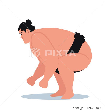 Sumo wrestler standing in crouch stance. Heavy fat sportsman character. Fighting Japanese traditional martial art and sport activity. Vector illustration. Sumo wrestler standing in crouch stance. Heavy fat sportsman character. Fighting Japanese traditional martial art and sport activity. Vector illustration. 126283895