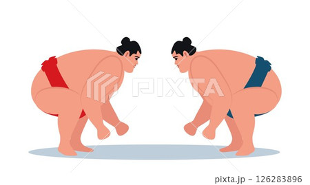 Two sumo wrestlers stand in the fighting stance before the start of the fight. Heavy fat sportsman characters. Fighting Japanese traditional martial art and sport activity. Vector illustration. 126283896