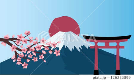 Landscape with pink cherry blossom, a mountain with a snowy peak and the sun. Banner with sakura branches and Mount Fuji. Vector illustration. 126283899