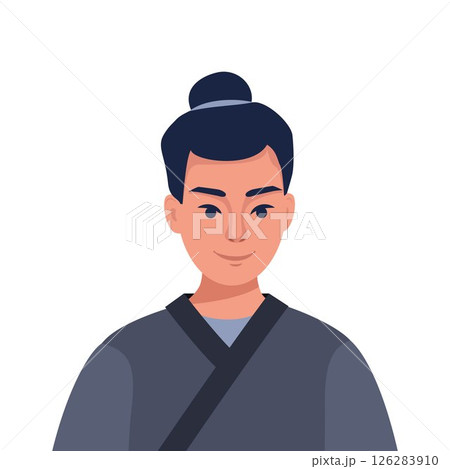 Japanese samurai, warrior in traditional kimono with katana sword, symbol of Japan. Portrait of Japanese samurai. Vector illustration. 126283910