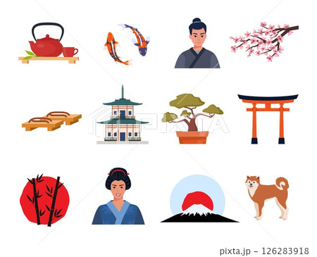 Japanese Traditional culture symbols. Geisha, samurai, katana, Mount Fuji, bonsai, Maneki Neko lucky cat, sakura, pagoda, bamboo, sushi, sumo, torii gate. Travel to Japan. Vector illustration. Japanese Traditional culture symbols. Geisha, samurai, katana, Mount Fuji, bonsai, Maneki Neko lucky cat, sakura, pagoda, bamboo, sushi, sumo, torii gate. Travel to Japan. Vector illustration. 126283918
