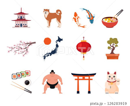 Japanese Traditional culture symbols. Geisha, samurai, katana, Mount Fuji, bonsai, Maneki Neko lucky cat, sakura, pagoda, bamboo, sushi, sumo, torii gate. Travel to Japan. Vector illustration. 126283919