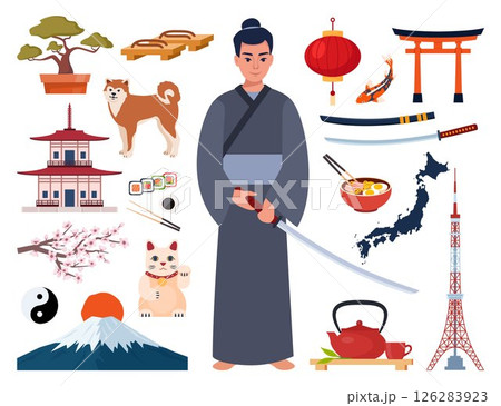 Japanese Traditional culture symbols. Geisha, samurai, katana, Mount Fuji, bonsai, Maneki Neko lucky cat, sakura, pagoda, bamboo, sushi, sumo, torii gate. Travel to Japan. Vector illustration. 126283923