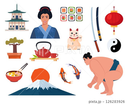 Japanese Traditional culture symbols. Geisha, samurai, katana, Mount Fuji, bonsai, Maneki Neko lucky cat, sakura, pagoda, bamboo, sushi, sumo, torii gate. Travel to Japan. Vector illustration. 126283926