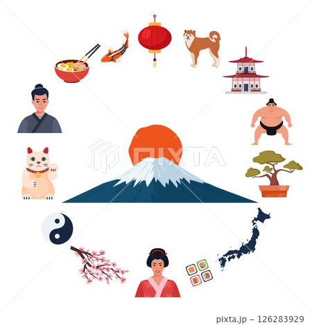 Japanese Traditional culture symbols. Geisha, samurai, katana, Mount Fuji, bonsai, Maneki Neko lucky cat, sakura, pagoda, bamboo, sushi, sumo, torii gate. Travel to Japan. Vector illustration. Japanese Traditional culture symbols. Geisha, samurai, katana, Mount Fuji, bonsai, Maneki Neko lucky cat, sakura, pagoda, bamboo, sushi, sumo, torii gate. Travel to Japan. Vector illustration. 126283929