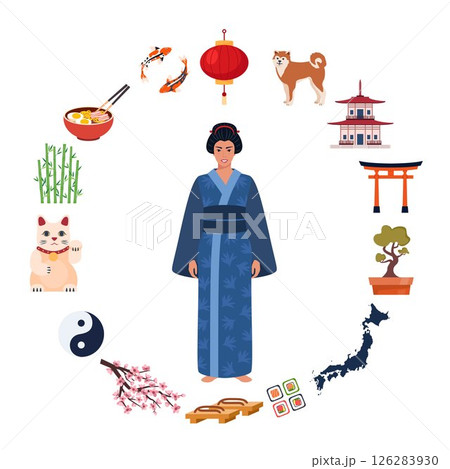 Japanese Traditional culture symbols. Geisha, samurai, katana, Mount Fuji, bonsai, Maneki Neko lucky cat, sakura, pagoda, bamboo, sushi, sumo, torii gate. Travel to Japan. Vector illustration. 126283930