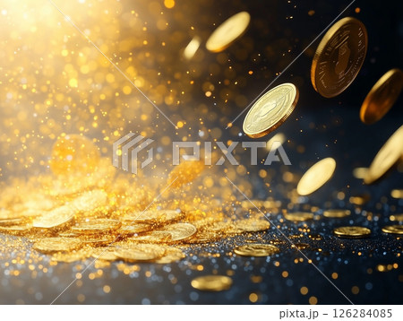 勢いよく降ってくる金貨の画像 126284085