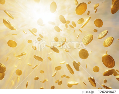 黄金色の空から降ってくる金貨の画像 126284087