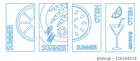 Summer. Set of vector summer backgrounds. Line drawing. Fruit beach umbrella, flip flops and cocktail. Abstract background, patterns for posters, covers, flyers, banners. 126284518