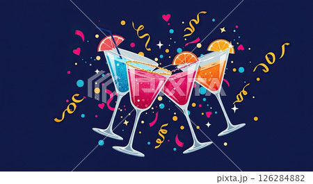 Colorful celebration with clinking cocktail glasses and festive confetti Colorful celebration with clinking cocktail glasses and festive confetti 126284882
