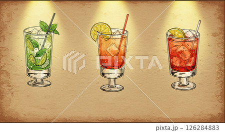 Refreshing summer cocktails on vintage background for beverage menu design 126284883