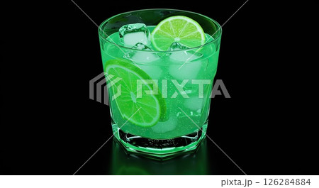 Refreshing citrus lime drink with ice cubes on black background Refreshing citrus lime drink with ice cubes on black background 126284884