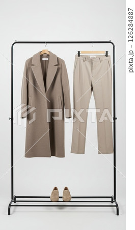 Elegant minimalist fashion: beige coat and trousers on hanging rack for modern wardrobe inspiration 126284887