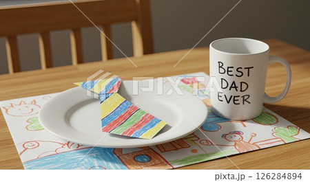 Father's day celebration with colorful tie greeting card and mug Father's day celebration with colorful tie greeting card and mug 126284894