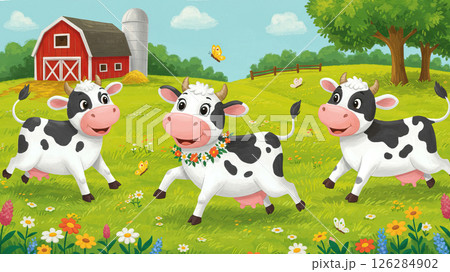 Happy cows frolicking in pastoral farm scene with red barn and butterflies 126284902