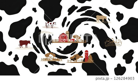 Abstract farm scene with cows and barn elements on black and white swirl background 126284903