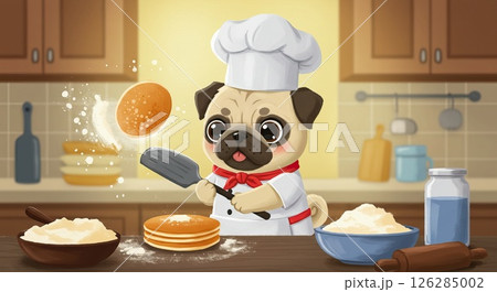Adorable pug chef flipping pancakes in a cozy kitchen setting Adorable pug chef flipping pancakes in a cozy kitchen setting 126285002