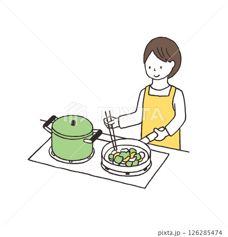 炒め物をしている女性の手描きイラスト 126285474