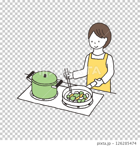 炒め物をしている女性の手描きイラスト 126285474