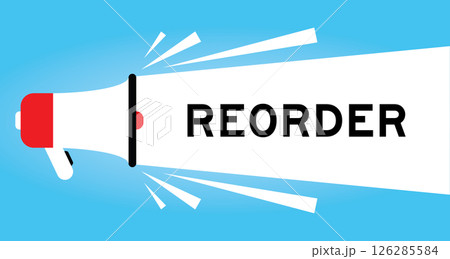 Color megaphone icon with word reorder in white banner on blue background Color megaphone icon with word reorder in white banner on blue background 126285584
