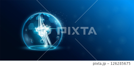 Elbow bone human organ in transparent dome shield protection futuristic with medical icon. Technology innovation health care. Empty space for text. Medical science ads website banner. Vector. Elbow bone human organ in transparent dome shield protection futuristic with medical icon. Technology innovation health care. Empty space for text. Medical science ads website banner. Vector. 126285675
