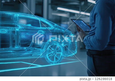 Auto engineer next to a holographic model of a car. Innovative technologies in the development of car design. The engineer's passion for design shines in the holographic car model. 126286018