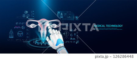 Robot index finger is touching a human uterus. Medical health care with futuristic technology AI. Organ X ray examination and scan virtual simulation interface hologram. Banner vector. Robot index finger is touching a human uterus. Medical health care with futuristic technology AI. Organ X ray examination and scan virtual simulation interface hologram. Banner vector. 126286448