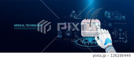 Robot index finger is touching a human hair skin. Medical health care with futuristic technology AI. Organ X ray examination and scan virtual simulation interface hologram. Banner vector. 126286449