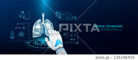 Robot index finger is touching a human lung. Medical health care with futuristic technology AI. Organ X ray examination and scan virtual simulation interface hologram. Banner vector. 126286450