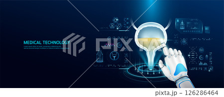 Robot index finger is touching a human bladder. Medical health care with futuristic technology AI. Organ X ray examination and scan virtual simulation interface hologram. Banner vector. Robot index finger is touching a human bladder. Medical health care with futuristic technology AI. Organ X ray examination and scan virtual simulation interface hologram. Banner vector. 126286464